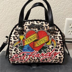 Ed Hardy Black and Brown Satchel with Heart Tattoo Design